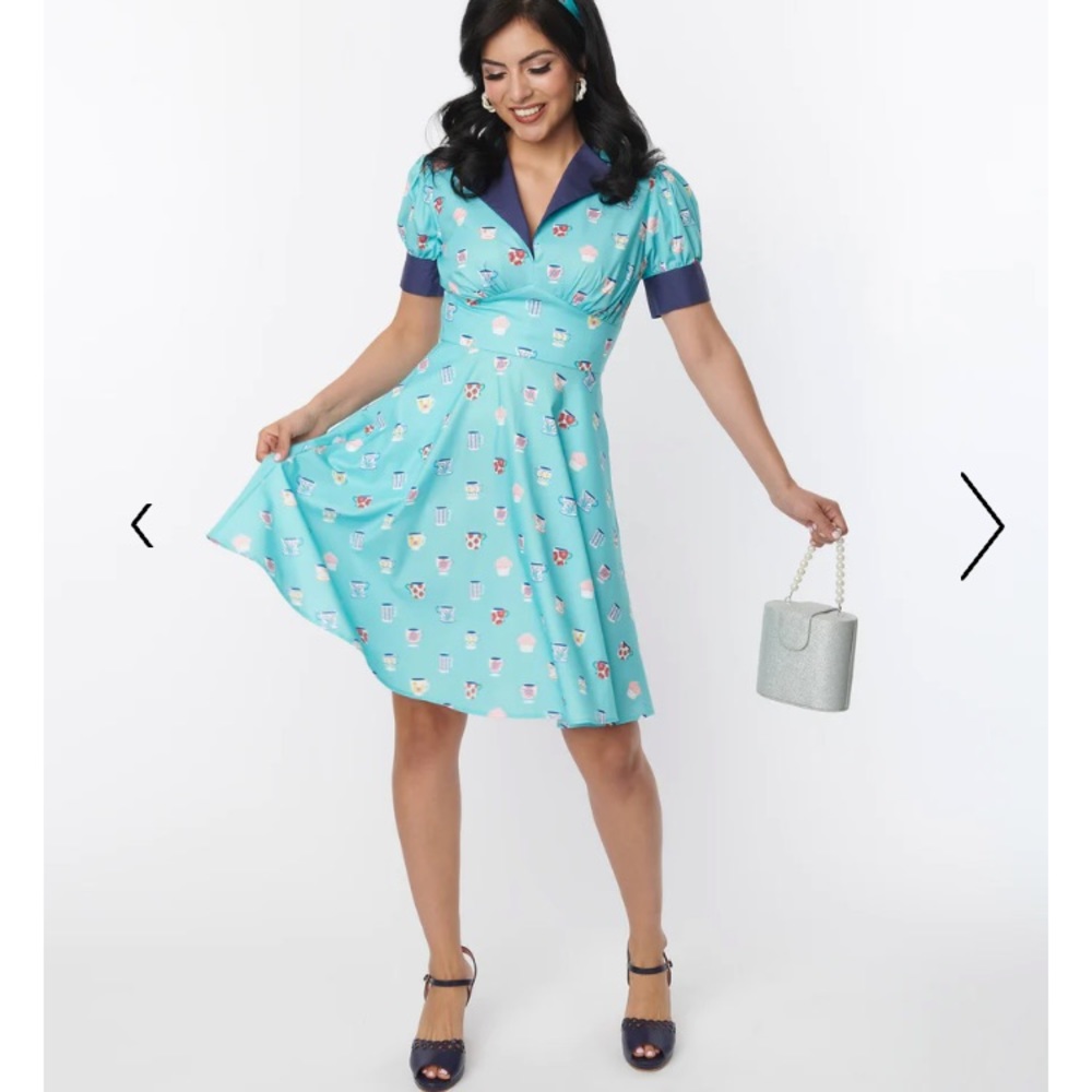 Unique Vintage Light Blue & Teacups Print Flare Dress NWOT
